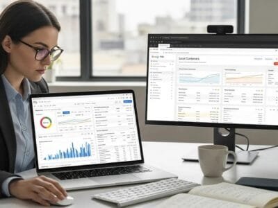Marketing professional reviewing paid search performance for local contractors