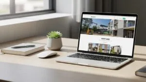 Laptop displaying a modern contractor website in a tidy workspace