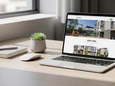 Laptop displaying a modern contractor website in a tidy workspace