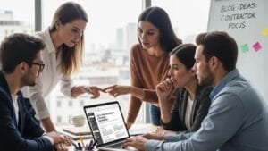 Team of professionals working together on a laptop in an office, illustrating collaborative blogging for contractors