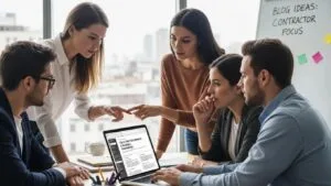 Team of professionals working together on a laptop in an office, illustrating collaborative blogging for contractors