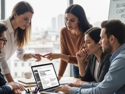 Team of professionals working together on a laptop in an office, illustrating collaborative blogging for contractors