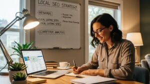 Small business owner planning local SEO strategy in a cozy office
