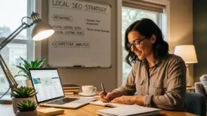 Small business owner planning local SEO strategy in a cozy office