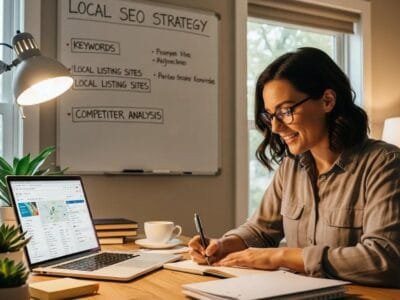 Small business owner planning local SEO strategy in a cozy office
