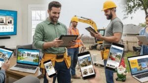 Homeowners and contractors engaging with social media ads across multiple devices
