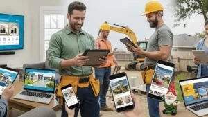 Homeowners and contractors engaging with social media ads across multiple devices