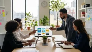Contractors and marketers planning social media campaigns together in a modern workspace