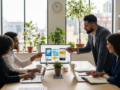 Contractors and marketers planning social media campaigns together in a modern workspace