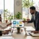 Contractors and marketers planning social media campaigns together in a modern workspace