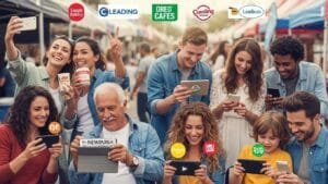 Diverse people interacting with social media, representing leading local brands and community connections