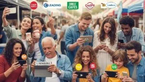 Diverse people interacting with social media, representing leading local brands and community connections
