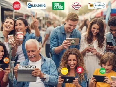 Diverse people interacting with social media, representing leading local brands and community connections