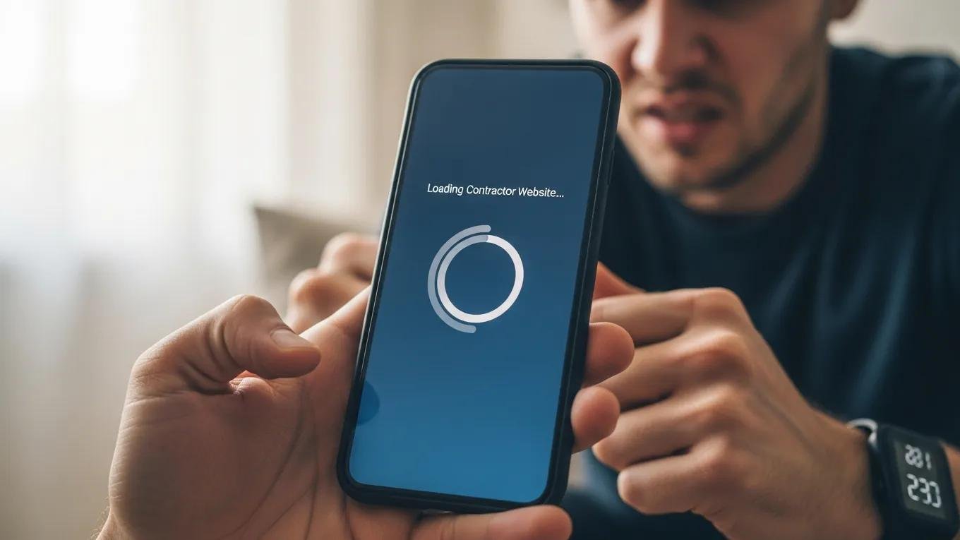 Person waiting for a contractor website to load on a mobile phone, highlighting why speed matters