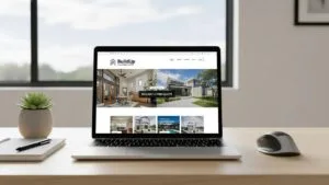 Laptop displaying a contractor website in a clean, modern workspace &mdash; a symbol of business growth