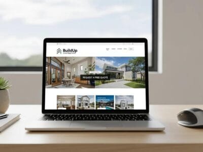 Laptop displaying a contractor website in a clean, modern workspace &mdash; a symbol of business growth