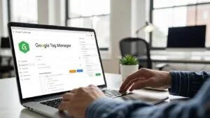 Technician installing Google Tag Manager on a laptop in a bright office