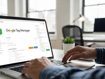 Technician installing Google Tag Manager on a laptop in a bright office