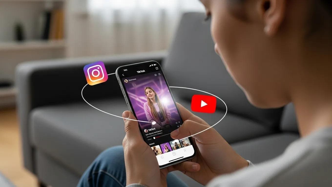 Person scrolling TikTok on a phone with visual cues for Instagram and YouTube, showing social discovery behavior
