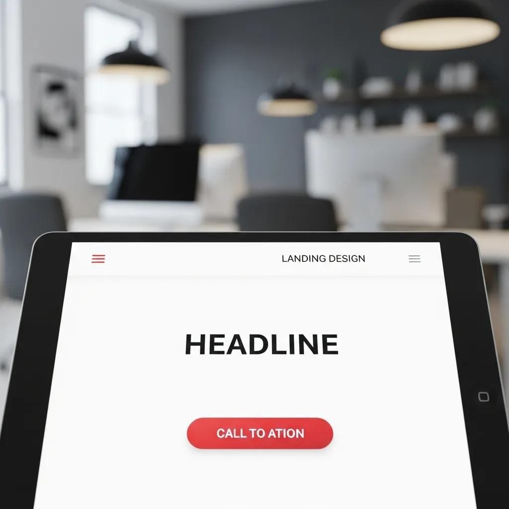 Tablet displaying a contractor landing page design in an office setting