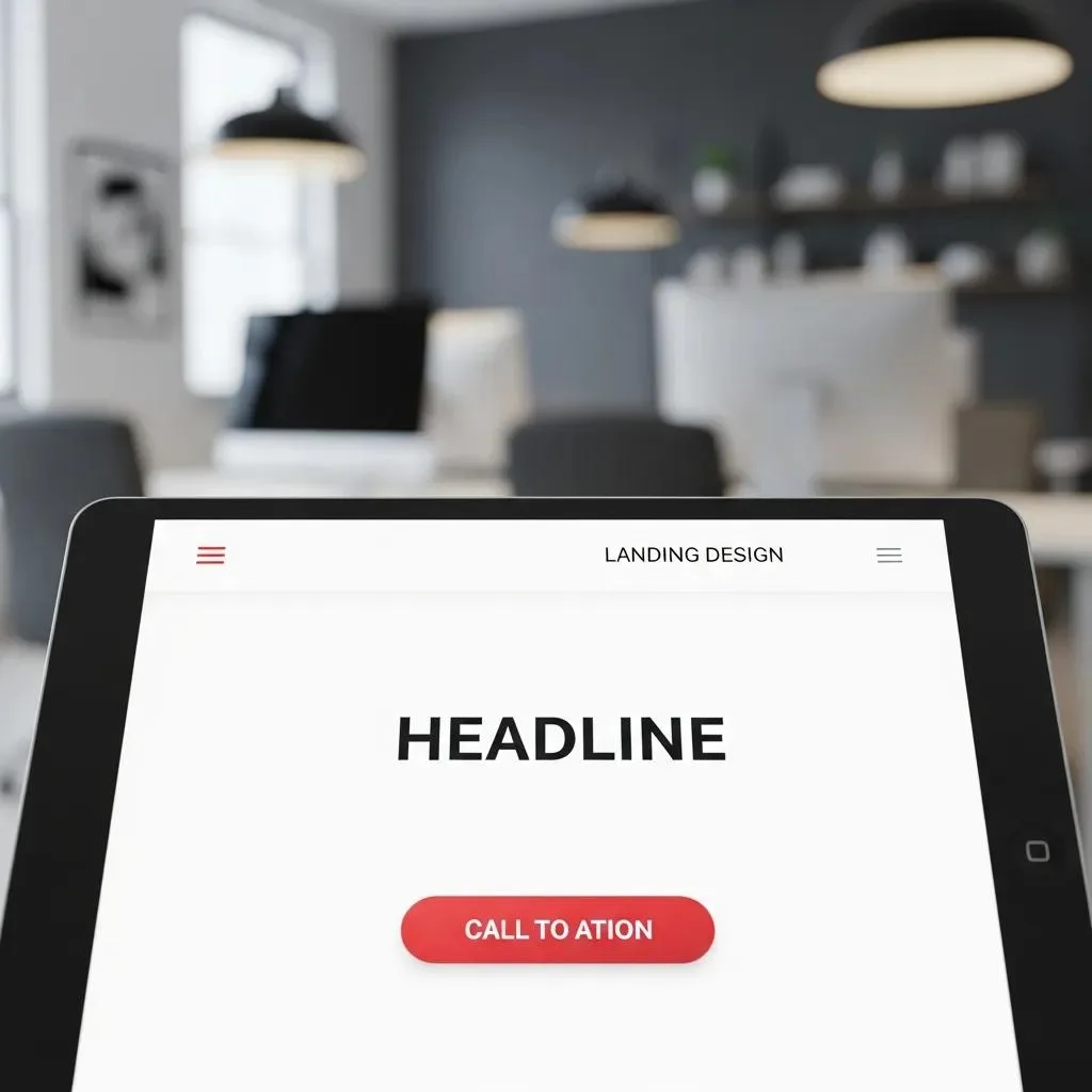 Tablet displaying a contractor landing page design in an office setting
