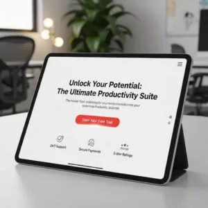 Close-up of a tablet displaying a landing page design, focusing on essential elements for optimization