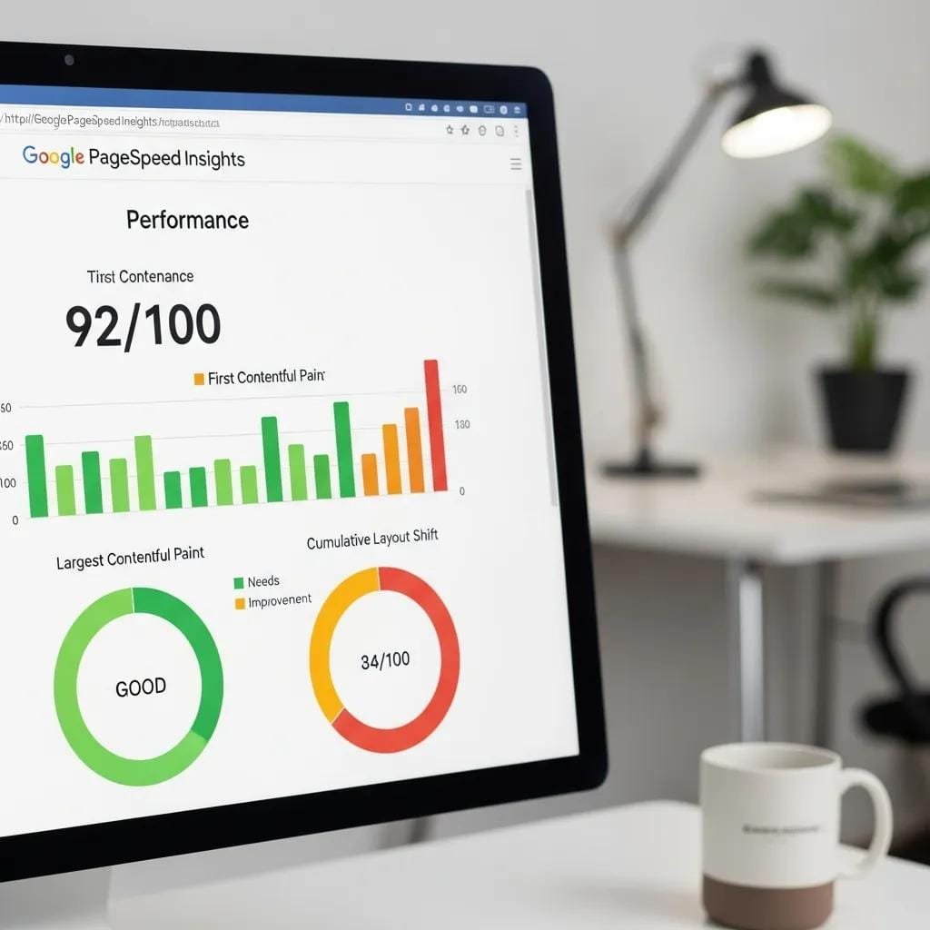 Close-up of Google PageSpeed Insights on a computer screen showing performance metrics
