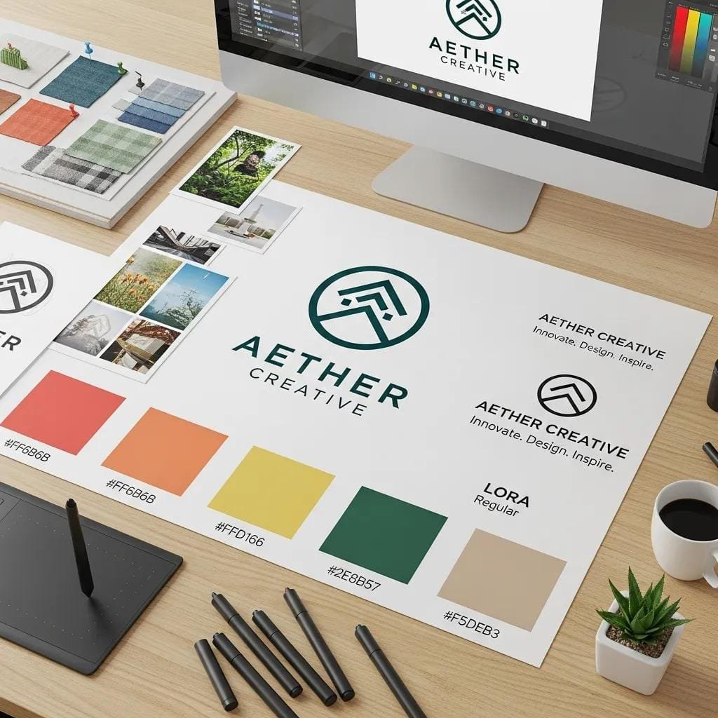 Collection of branding elements including logo, color palette, and typography samples