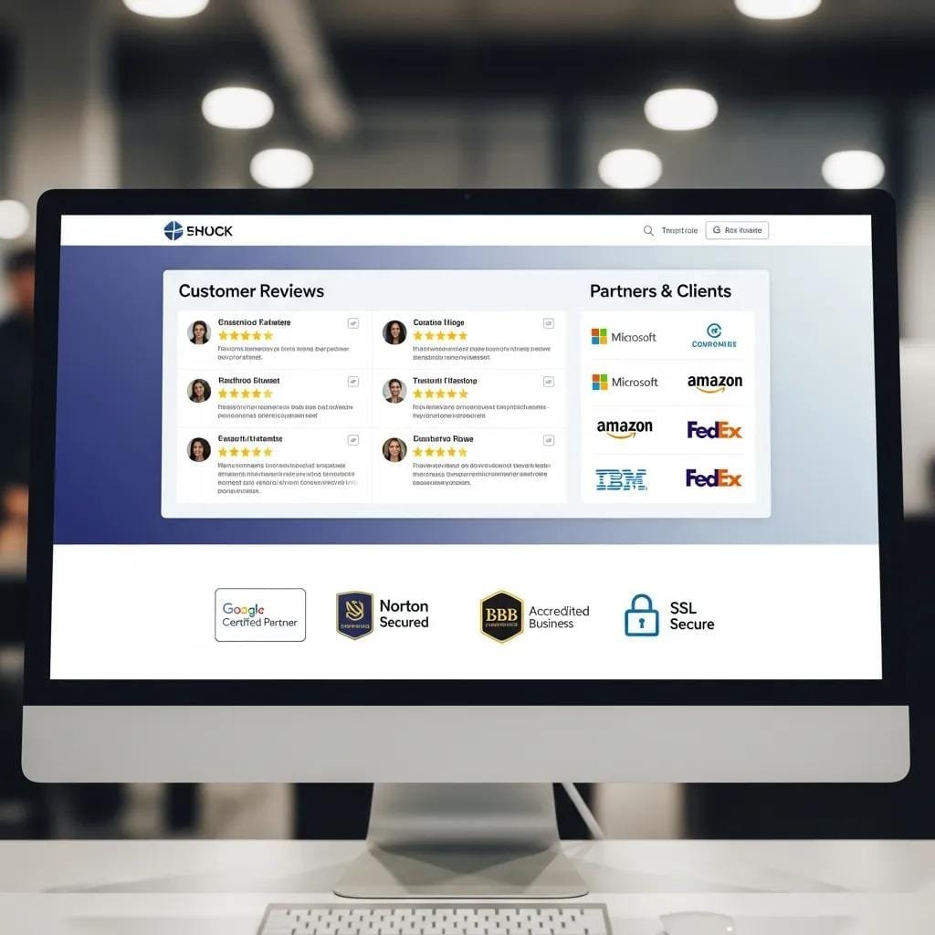 Website section showing reviews, certifications, and trust badges