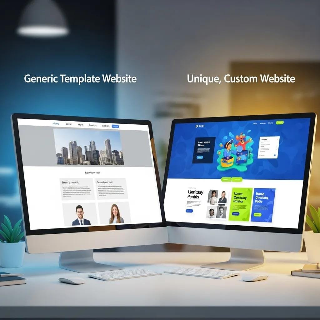 Side‑by‑side of a generic template site and a custom contractor website, showing differences in design and function