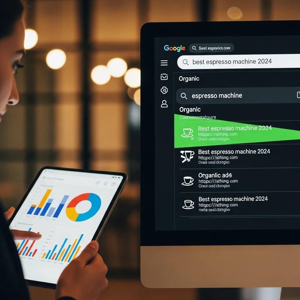 Search engine results displayed on a computer screen with organic listings emphasized, showing improved visibility from SEO