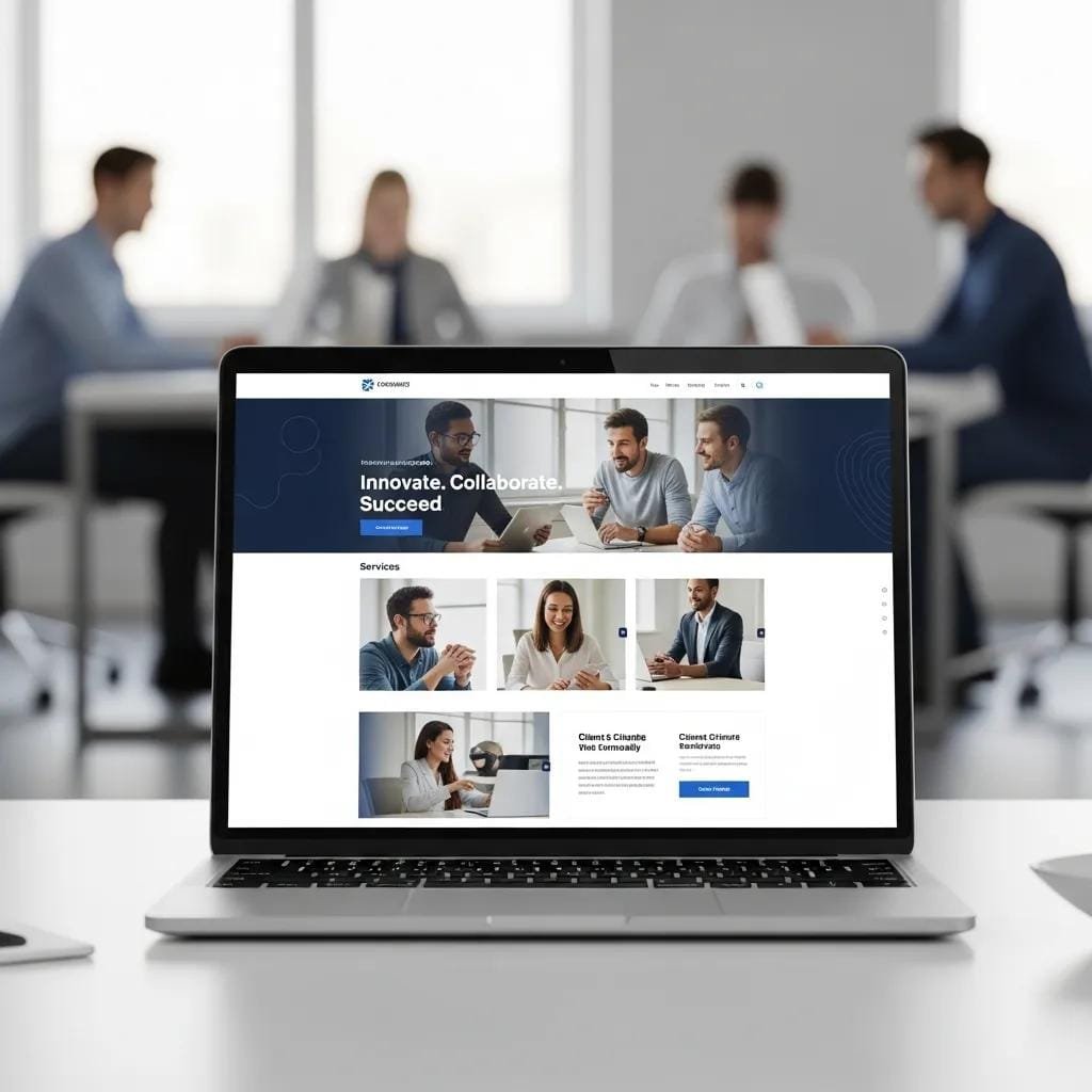 Corporate website layout shown on a laptop in a professional office setting