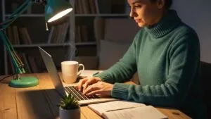 Person writing SEO content in a cozy workspace