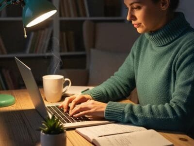 Person writing SEO content in a cozy workspace