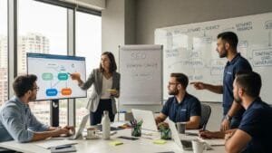 Team planning enterprise SEO for contractors in a modern office