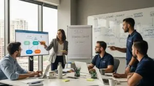 Team planning enterprise SEO for contractors in a modern office