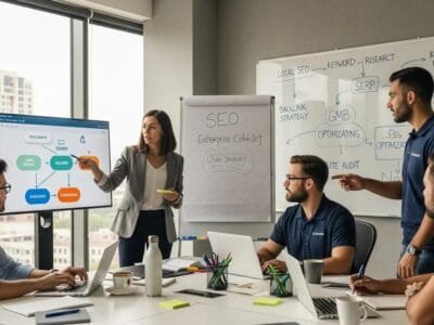 Team planning enterprise SEO for contractors in a modern office