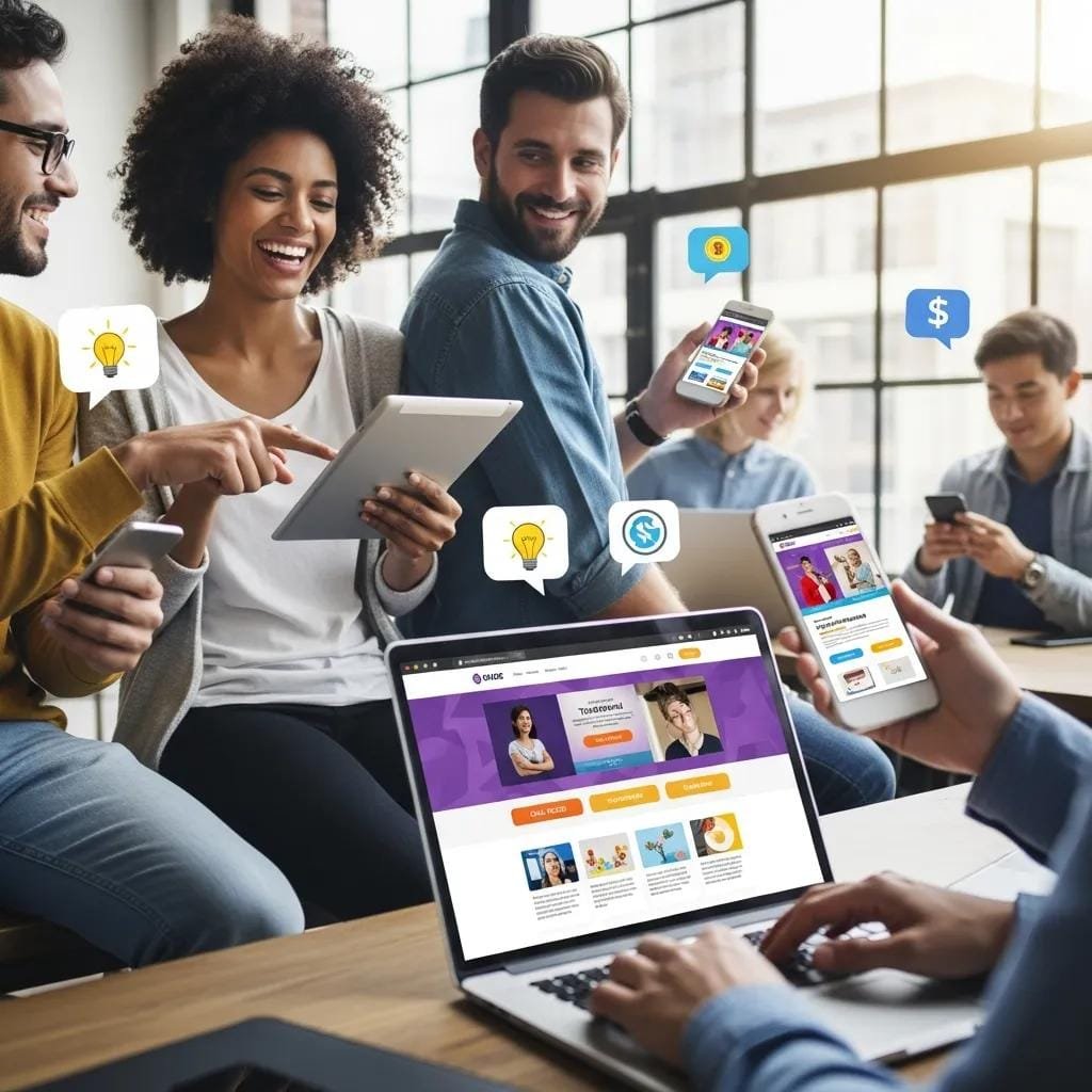 People browsing contractor websites on phones and laptops, illustrating 24/7 discoverability