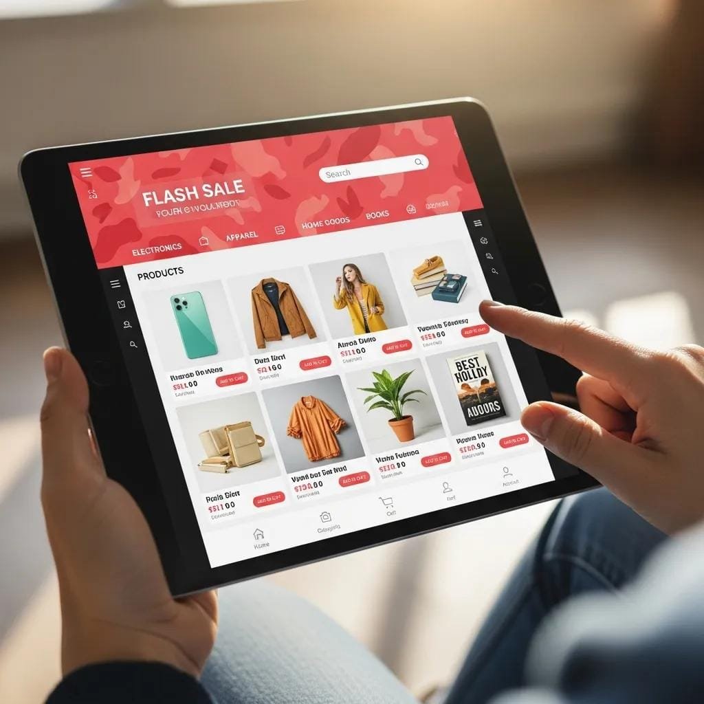 E‑commerce site displayed on a tablet with a homeowner browsing product options