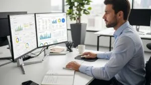 Business professional reviewing digital marketing data to optimize a Google Ads budget