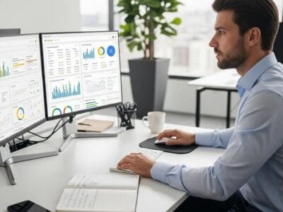 Business professional reviewing digital marketing data to optimize a Google Ads budget