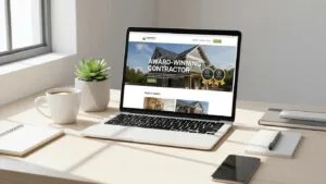 Laptop showing an award‑winning contractor website on a bright workspace