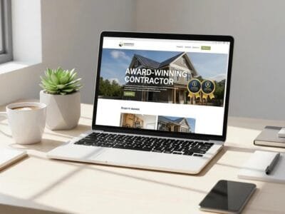 Laptop showing an award‑winning contractor website on a bright workspace
