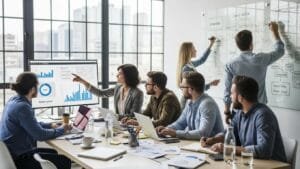 Team of professionals collaborating on an SEO campaign strategy in a modern office