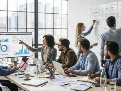Team of professionals collaborating on an SEO campaign strategy in a modern office