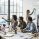 Team of professionals collaborating on an SEO campaign strategy in a modern office