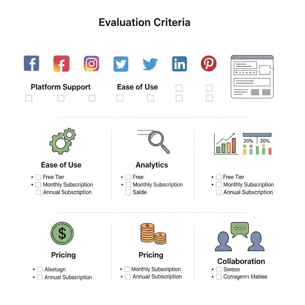 Evaluation criteria for social media scheduling tools with icons representing key features