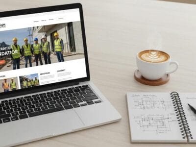 Laptop showing a contractor landing page with a notepad and coffee on a desk