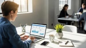 Worker using a laptop in a bright workspace &mdash; a visual for practical, modern SEO strategies