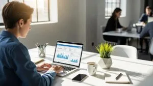 Worker using a laptop in a bright workspace &mdash; a visual for practical, modern SEO strategies